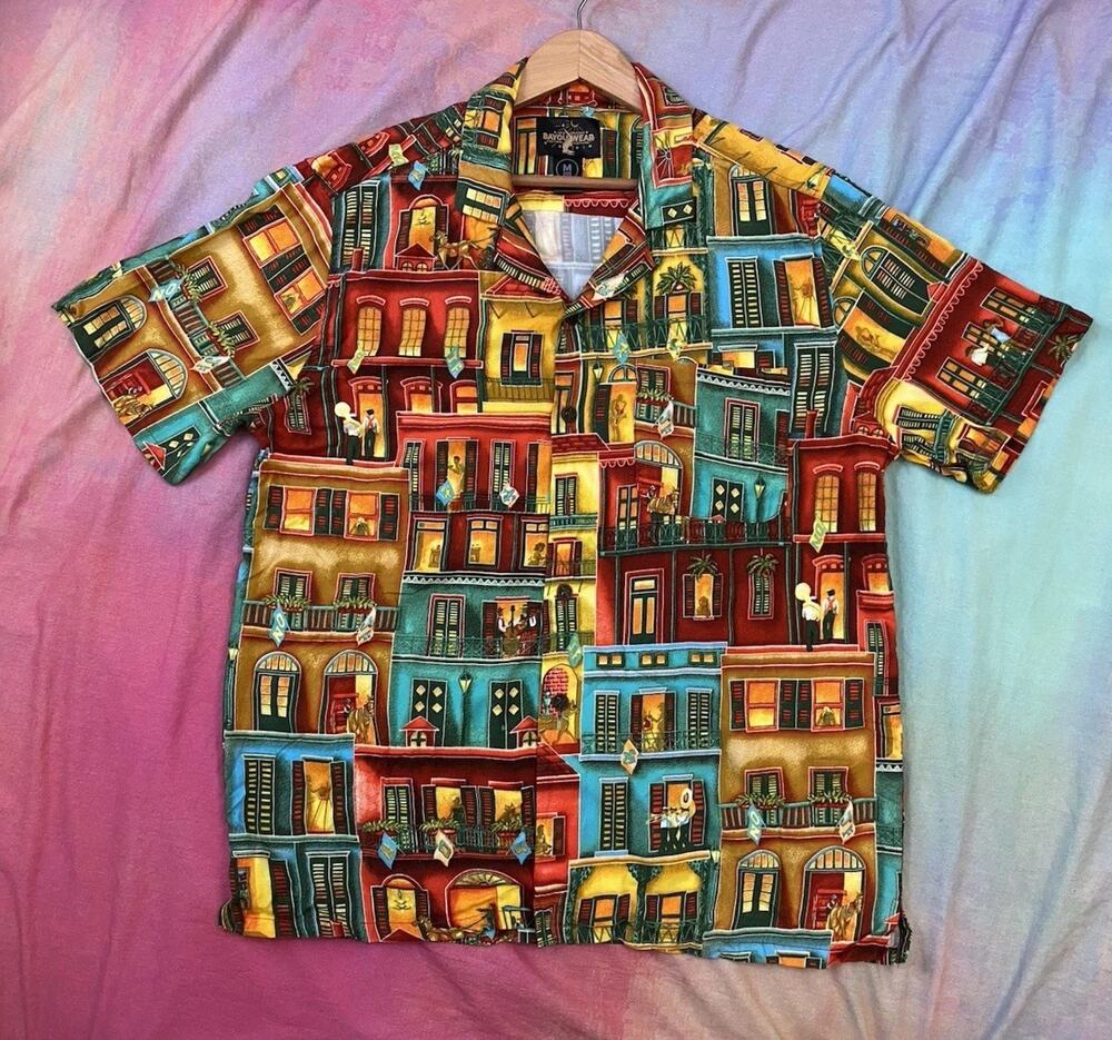 Bayou Wear New Orleans Jazz Fest Hawaiian Shirt Quarter Wrap Print Camp Sz M